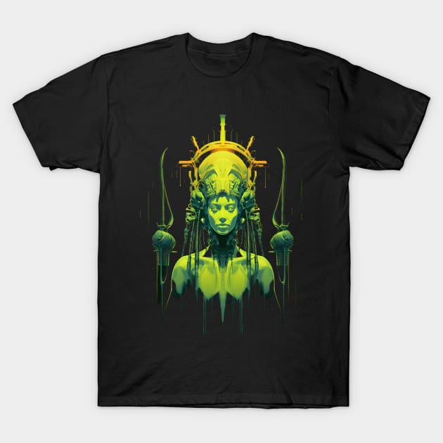 Cyberpunk Alien Queen: Retro-Futuristic Goddess in Polished Metamorphosis T-Shirt by AlienQueenApparel